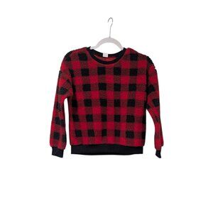 Evsie Youth Girl Red & Black Buffalo Plaid Fuzzy Cozy Pullover Sweater Sz 9